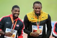 Usain Bolt and Justin Gatlin pose with their medals after winning the men's 100m final during the 2015 IAAF World Championships at the National Stadium in Beijing, China. (Photo by via Getty Images)